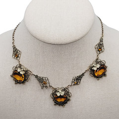 Czech Glass Art Nouveau Deco Flower Motif Brass Festoon Bib Amber Citrine 15 In