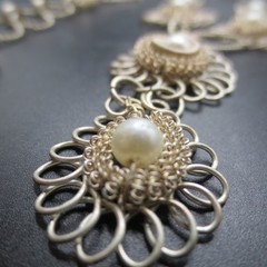 Vtg Wire Filigree Necklace 17” & Bracelet 7” Earrings Faux Pearls Set Boho 1980s
