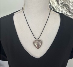 Vintage Elegant Etched Puff Silver Heart Necklace & Extension
