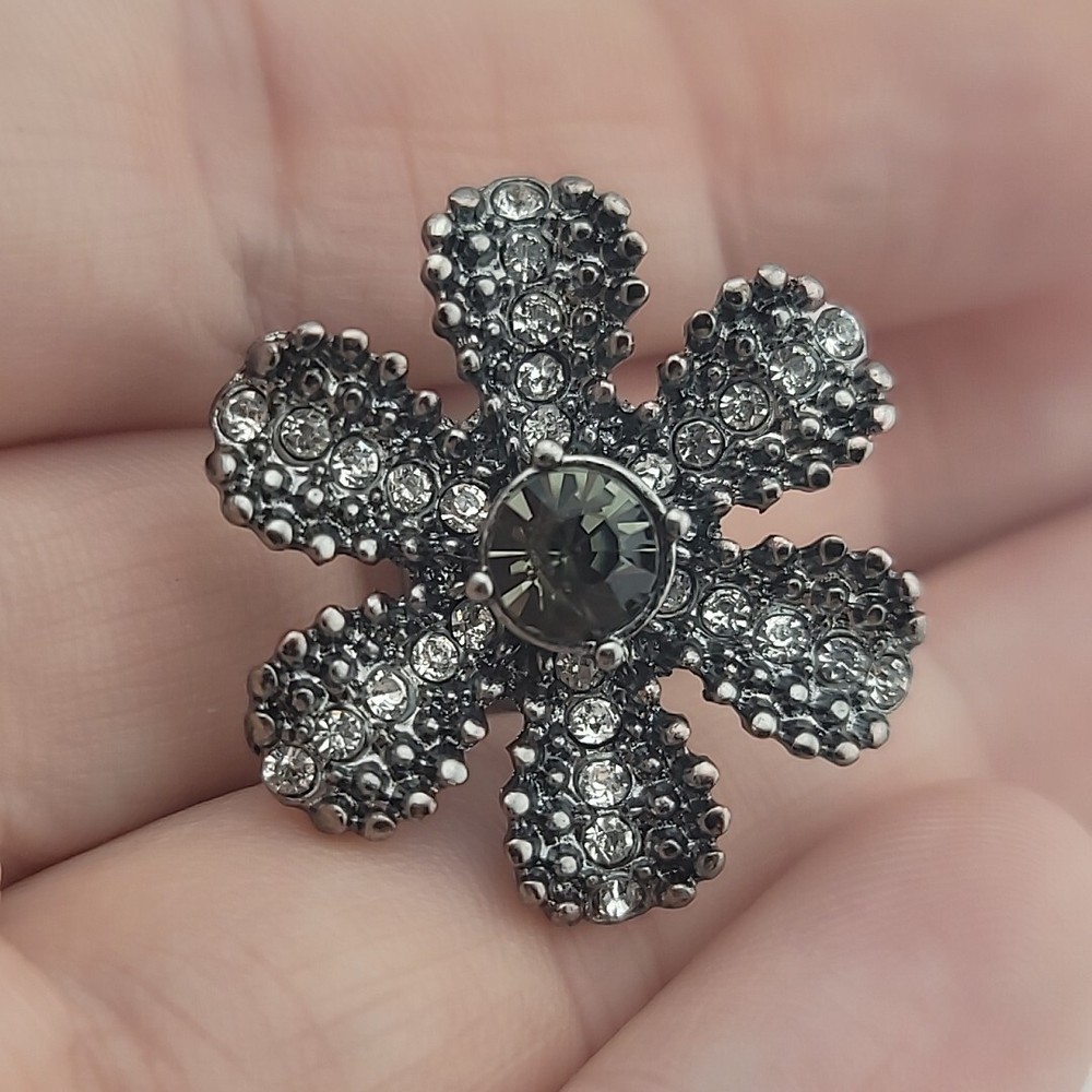 Jeweled Clear And Green Rhinestone On Gun Metal Grey Flower Hat Pin Brooch