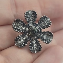Jeweled Clear And Green Rhinestone On Gun Metal Grey Flower Hat Pin Brooch