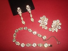 Vtg. EISENBERG BRACELET&TWO PAIRS EARRINGS CLEAR RHINESTONES ALL SIGNED,LOT/SET