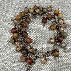 Vintage Bracelet Beaded Cluster Jasper and Clear Crackle Beads Tassel Charm