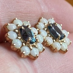 10k Gold London Blue Topaz Earrings with Opal Surround Vintage with Box & Paper