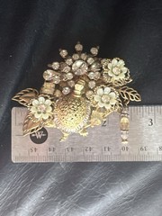 Vintage Assemblage Brooch Pendant Turtle Rhinestone Filigree Flower Dangle Pin