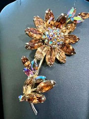 Vintage Sherman signed cinnamon/AB Blue Irradiated Figural Flower Brooch. MINT!