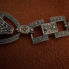 Vintage Art Deco Sterling Silver Carnelian Marcasite Panel Link Bracelet 1930s