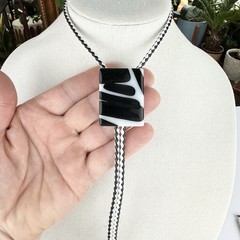Stunning Vintage Black & White Artist Signed Fused Glass Western Bolo Tie