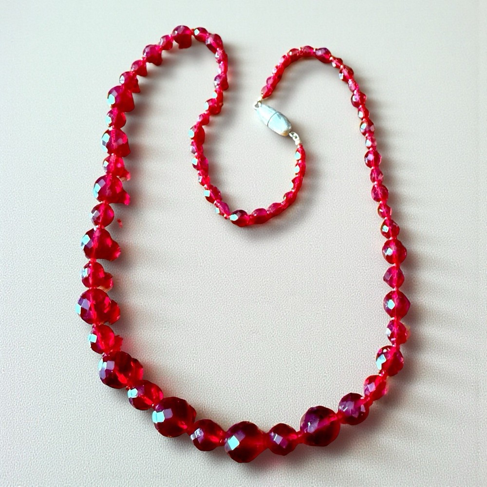 Czech Glass Bead Necklace Red Vintage Faceted Graduated Statement Long 24 Inch