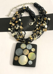 Vintage Multi Strand Necklace w/ Mother of Pearl Inlay Square Pendant