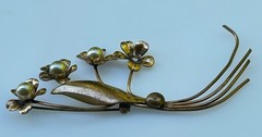 Vintage Floral Spray Brooch Pin Copper Brass Tone Faux Pearl Mid-Century Style