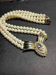 Vintage 2 Strand Faux Pearl Choker Necklace Art Deco Gold Crystal Rhinestone Bow