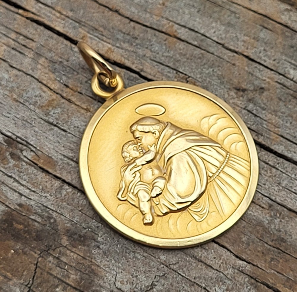 Vintage 18K Yellow Gold Saint Anthony Religious Charm Pendant 750 for Necklace