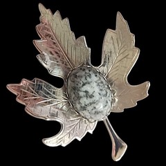 Vtg Jasper Stone Maple Leaf Brooch Pin Cabochon Silver Tone Autumn Harvest Fall