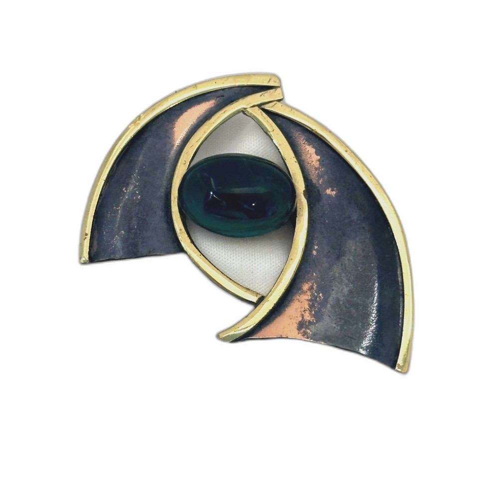 Vintage Mid-Century Modern Brooch with Green Cabochon – Brutalist, Neo Noir