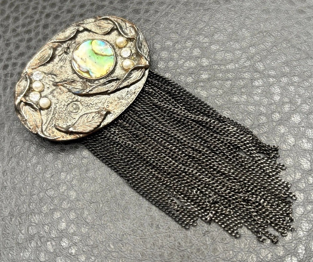 VTG 3.5” Silver Tone Fringe Abalone MOP Tassel Chains Dangle Pin Brooch