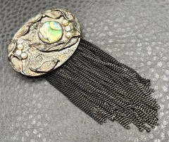 VTG 3.5” Silver Tone Fringe Abalone MOP Tassel Chains Dangle Pin Brooch