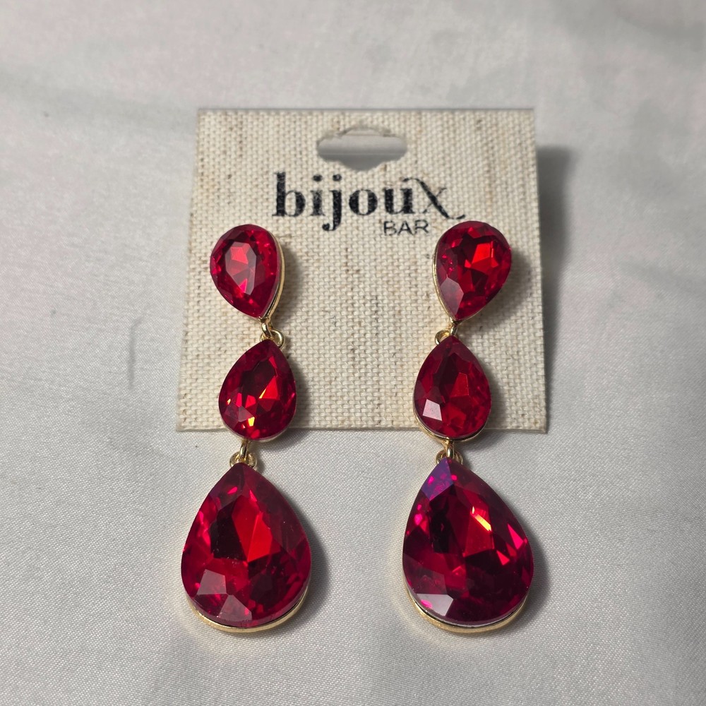 Bijoux Bar Red Crystal Dangle Three-Tiered Red Teardrop Crystals Gold Setting