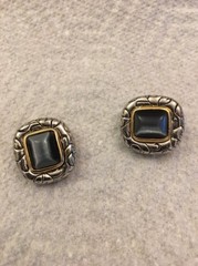 Designer Look Gold Silver Tone Dark Grey Black Cabochon Clip On Earrings 1”