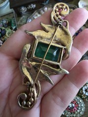 Glamorous Vintage Pot Metal Goldtone Green Glass Brooch