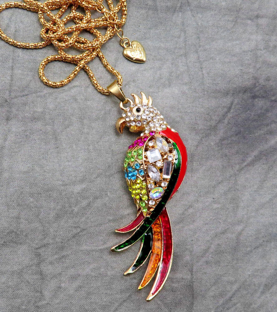 Betsey Johnson Necklace Cockatoo Parrot 3.5 in Pendant Pink Blue Crystal 136c