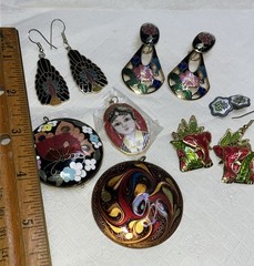Vintage Cloisonne Butterfly Jewelry 7pc Pendants Earrings Elephant Peacock Cuff