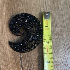 Vintage Jet Black Rhinestone Filigree Brooch Japanned Signed M Jent 2”x2.5”