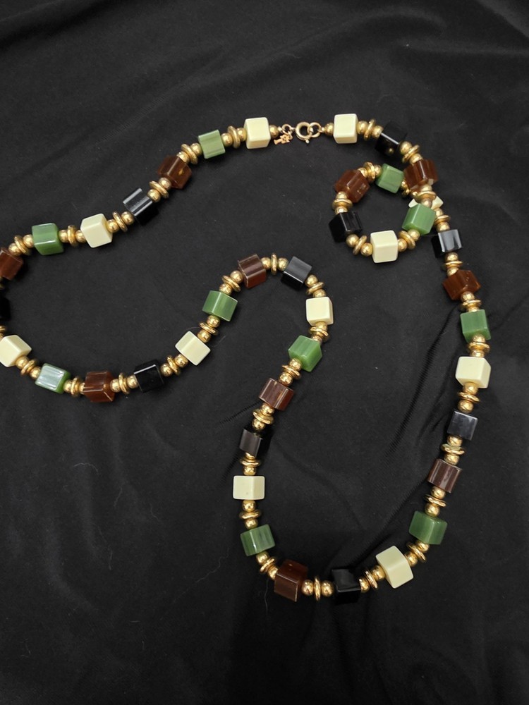 Vintage Signed Crown Trifari GoldTone Multicolor Lucite Cube Beads 37” Necklace