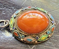 Vintage Chinese Export Enamel Filigree Pendant w/ Rich Orange Butterscotch Amber