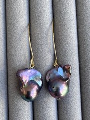 Black Baroque Pearl Earrings, Iridescent Peacock Color, Sterling Silver