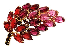 Juliana Pink & Red Marquise Shape Rhinestone Leaf Brooch Clip Earrings Set