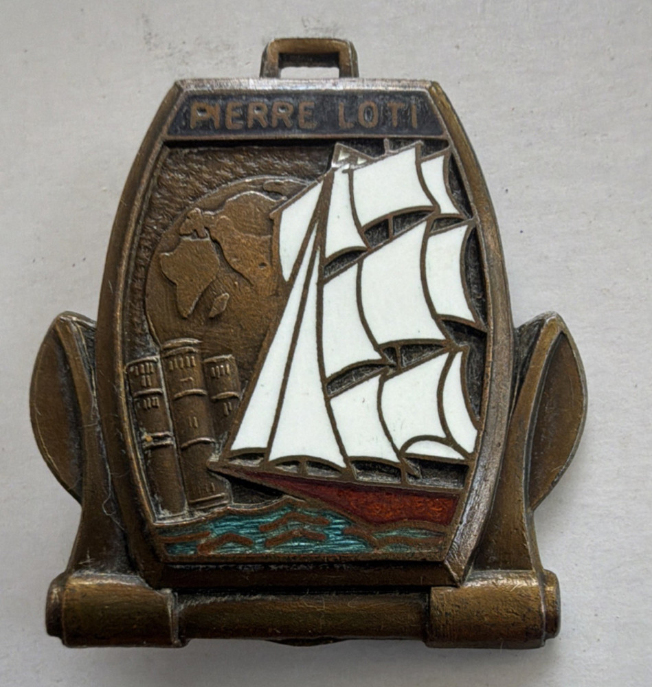 Augis Lyon Signed, Pierre Loti, Vintage Sailing ship white, gold, red, green pin