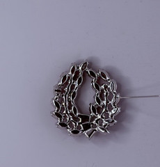 Vintage B. David silver tone brooch sparkly rhinestones red 1 1/2 inches