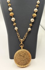 Signed Miriam Haskell Locket Necklace Faux Baroque Pearls Gold Tone VTG