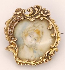 Victorian 15k 18k Yellow Gold Handmade Brooch Hand Painted Blonde Red Head Woman
