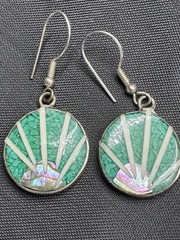 Vintage Alpaca Mexico Crushed Mosiac Turquoise Inlay Shell Shape Unworn Earrings
