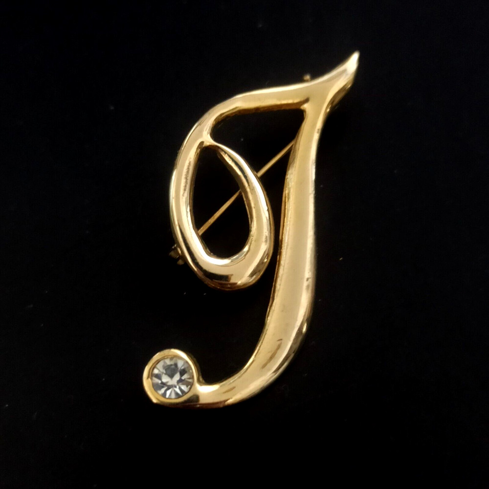 Vintage Brooch Letter I/J Name Initial Pin Gold Tone Rhinestone VTG Gift Retro