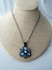 Vintage Sky Blue Rhinestone Cluster Black Enamel Pendant Necklace