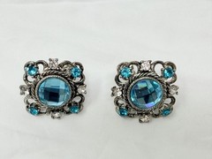 Beautiful Light Blue Clear Rhinestone 1-1/8″ Long Clip on Earrings