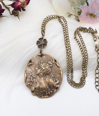 Brass Cameo Maiden Necklace, Art Nouveau Romantic Handmade Victorian Jewelry