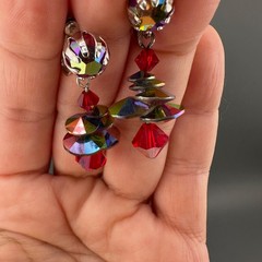 Vintage AB Rhinestone Disco Earrings Dangle Drop Multicolor Discs Clip On Galaxy