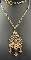 Vintage 60s Hollycraft Ornate Rhinestone Necklace Pendant Yellow Brown Gold Tone