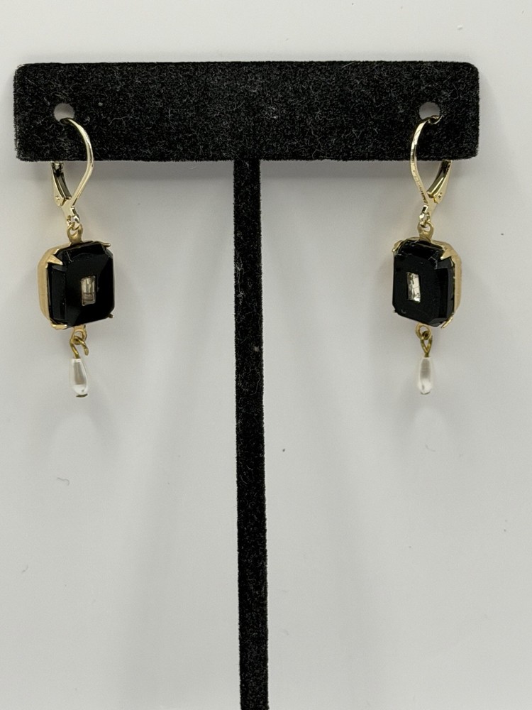 Antique Czechoslovakia Mourning Jet Rhinestone Art Glass Leverback Earrings