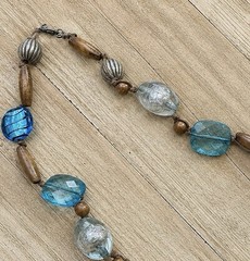 Beaded Necklace Blue Glass Fused Foil Acrylic Crackle Faceted Wood Metal 21″