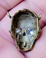Vintage SKULL Pendant w Gem Eyes Gold On Sterling Silver Jeweled FANTASTIC