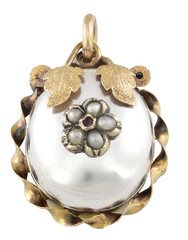Antique 14Kt Gold – Solid Silver – Natural Pearls – Ruby Locket Pendant