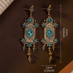 Vintage Victorian Style Teal Crystal Dangle Earrings Gold Tone Ornate Statement