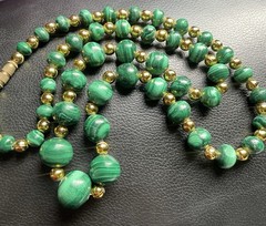 Malachite Beaded Necklace Vintage Barrel Clasp W Gold Colored Spacer Beads