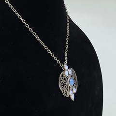Vintage Miracle Celtic Pendant Necklace Blue Cabochon Faux Opal Silver Tone 17in