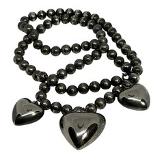 Vintage Triple Puffy Heart Charm Necklace Silver Tone Beaded